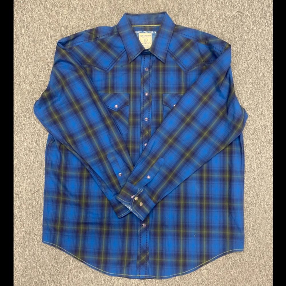 Panhandle Slim Shirt Men's X-Large Rough Stock Plaid Western Pearl Snap Blues